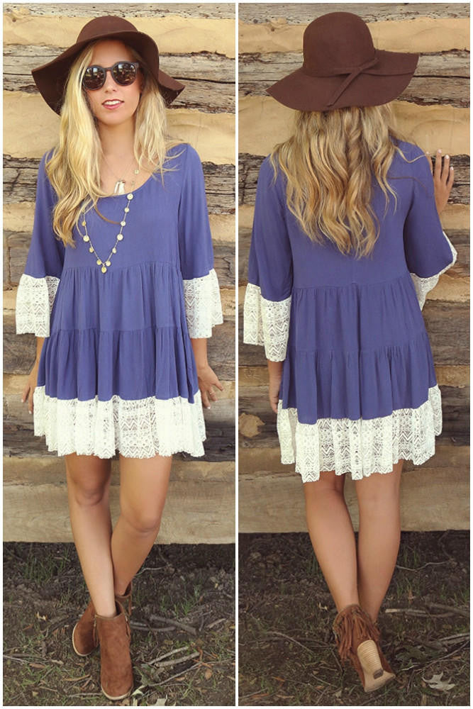 3/4 Sleeves Solid Color Scoop Lace Splicing Short Dress - May Your Fashion - 4