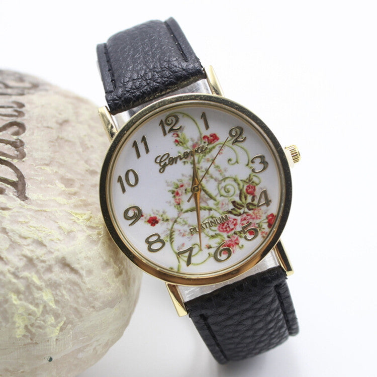 Classic Flower Print Leather Watch