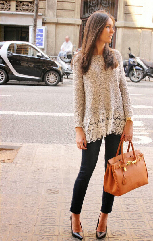Lace Trim Pure Color Loose Knit Sweater - May Your Fashion - 1