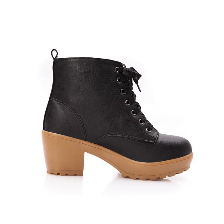 British Round Toe Lace Up Low Chunky Heels Short Boots