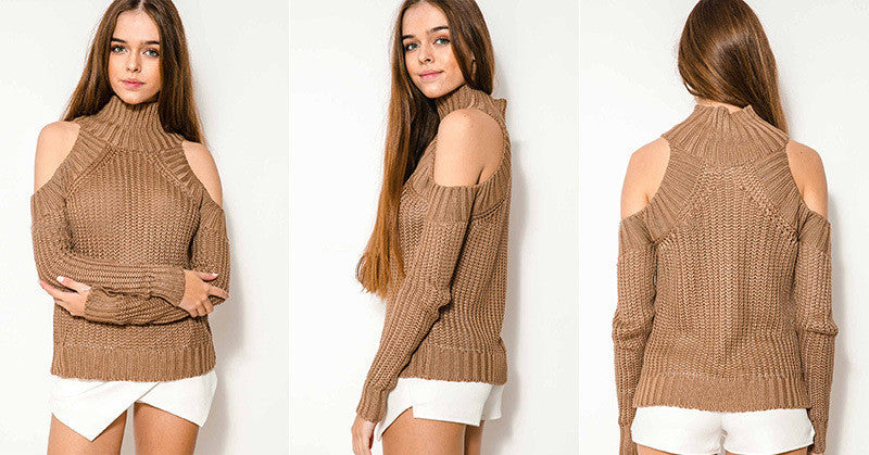 Bear Shoulder High Collar Hollow Pure Color Sexy Sweater - May Your Fashion - 8