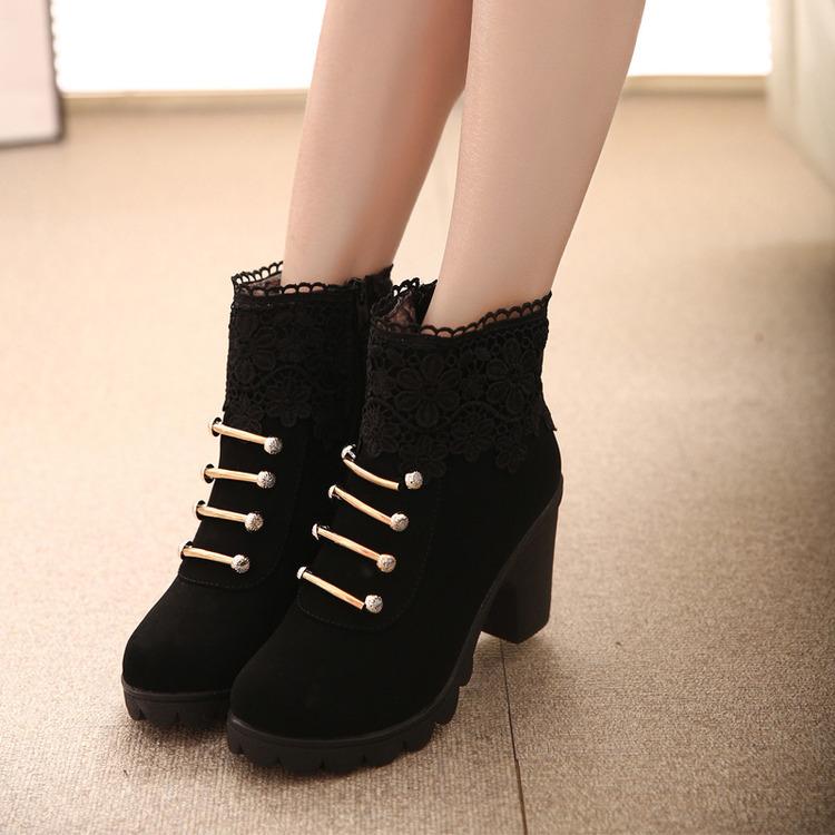 Beads Lace Decorate Chunky Heel Side Zipper Short Boots