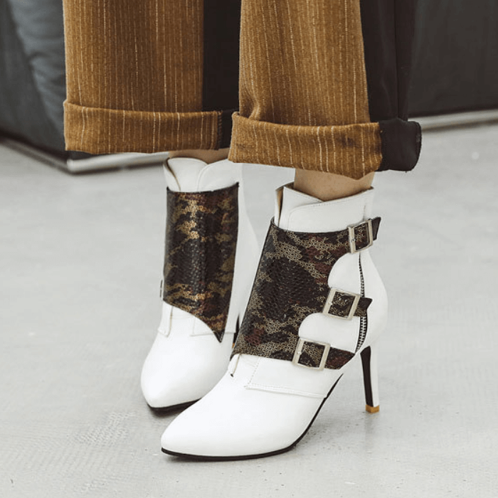 Leather Snakeskin Buckle High Heel Ankle Boots