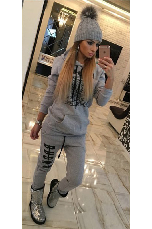 Pure Color Letter Hoodie with Sports Pants Two Pieces Set