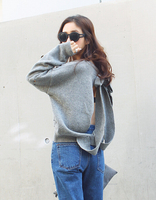 Backless Bow Tie Hollow Knit Pullover Sweater - May Your Fashion - 1