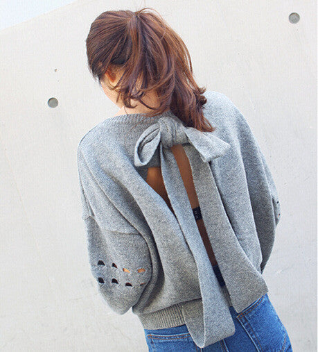 Backless Bow Tie Hollow Knit Pullover Sweater - May Your Fashion - 2