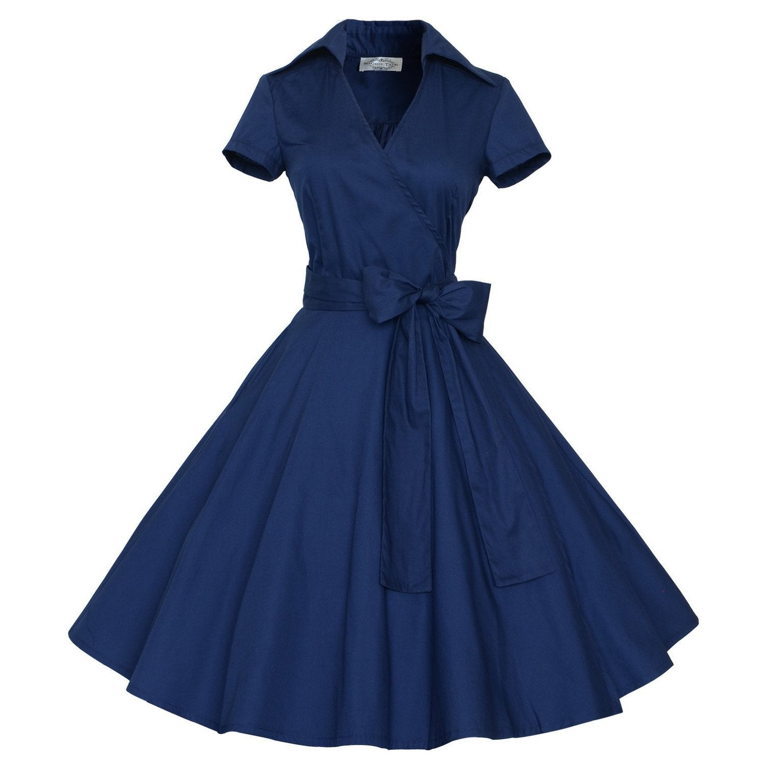 Retro Short Sleeve V-neck A-line Belt Dress - MeetYoursFashion - 3