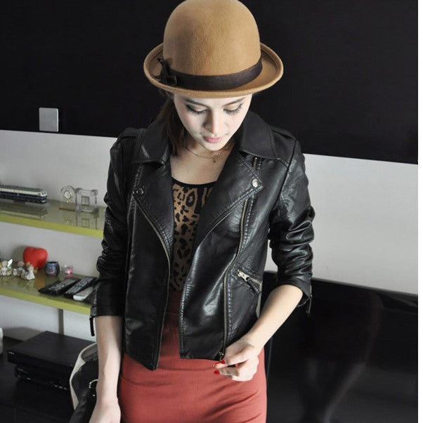 Women Black Zipper Moto Crop Slim Jacket - May Your Fashion - 1