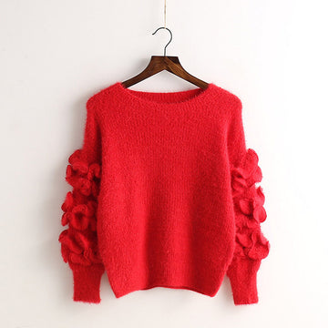 Petal Sleeve Embroidery Solid Color Pullover Sweater