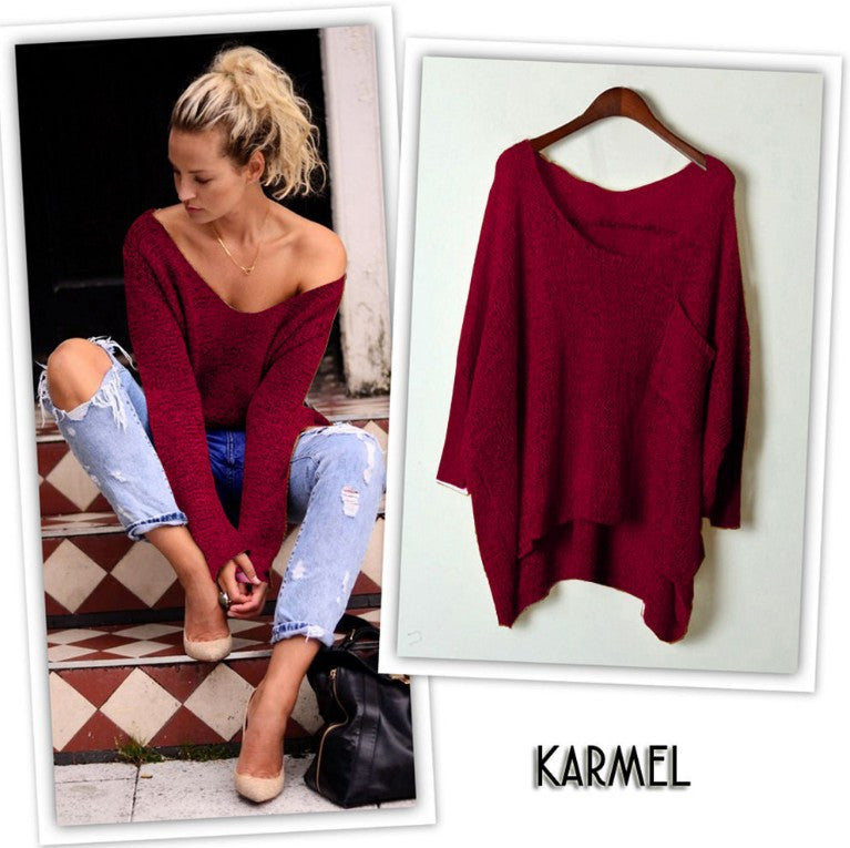 V-neck Asymmetric Solid Color Pullover Sweater - May Your Fashion - 5