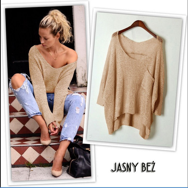 V-neck Asymmetric Solid Color Pullover Sweater - May Your Fashion - 3