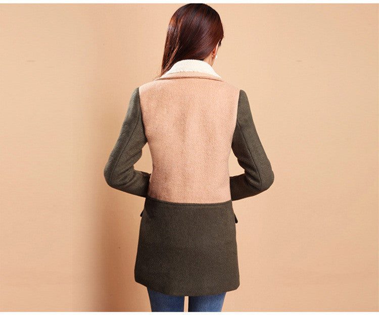 Lamb Wool Turn-down Collar Double Button Patchwork Mid-length Coat