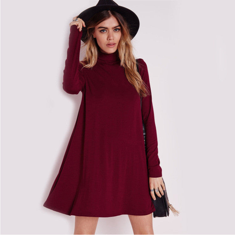 Simple Fashion High Neck Long Sleeve Loose Short Dress