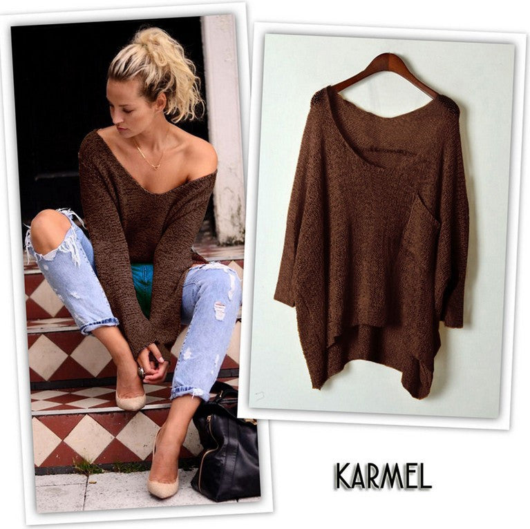V-neck Asymmetric Solid Color Pullover Sweater - May Your Fashion - 6