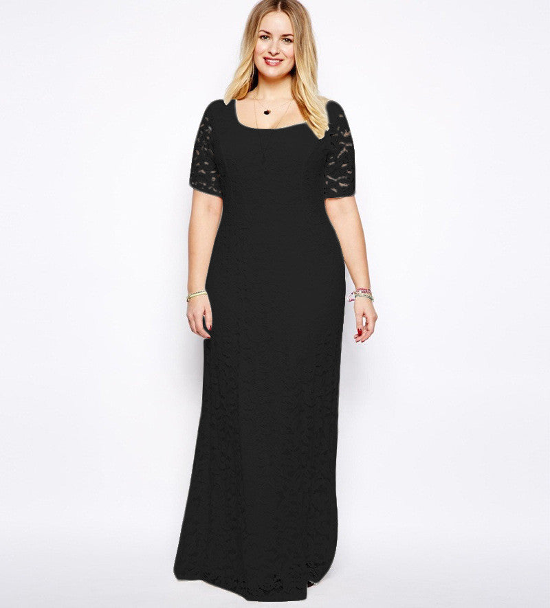 Plus Size Elegant Short Sleeve Lace Long Dress