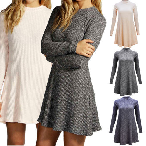 Women's Fashion Knit Ribbed Scoop A-Line Long Sleeve Sweater Dress