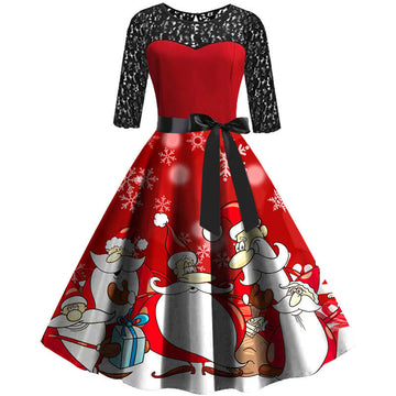 Christmas Retro Hollow Lace Splice Print Dress