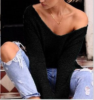 V-neck Asymmetric Solid Color Pullover Sweater - May Your Fashion - 7