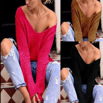 V-neck Asymmetric Solid Color Pullover Sweater - May Your Fashion - 2