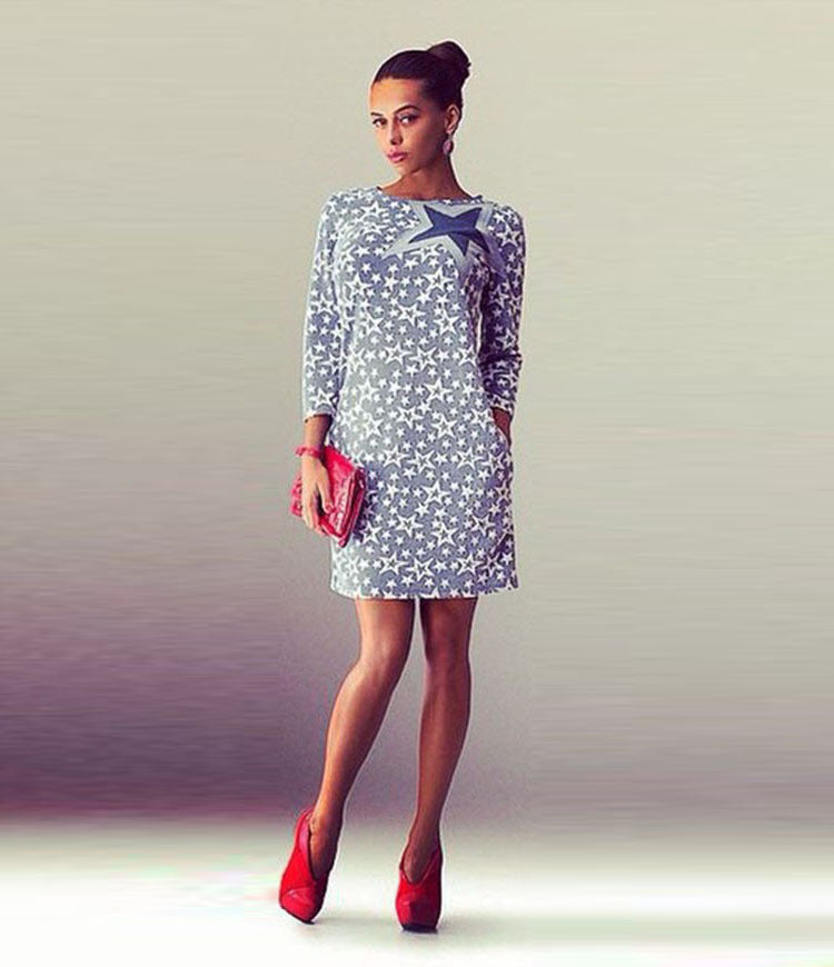 Fashion Star Print Long Sleeve Short Slim Dress