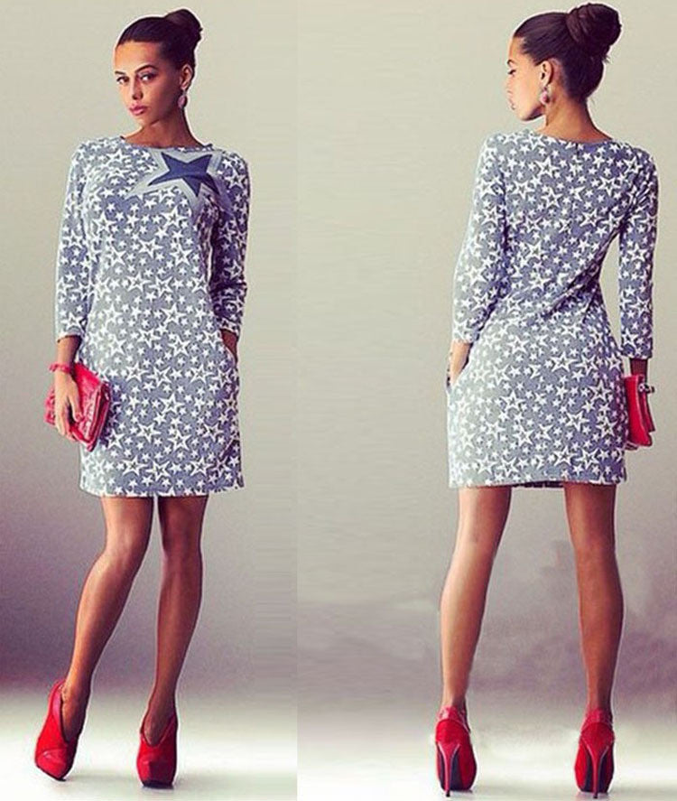 Fashion Star Print Long Sleeve Short Slim Dress