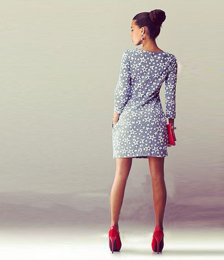 Fashion Star Print Long Sleeve Short Slim Dress