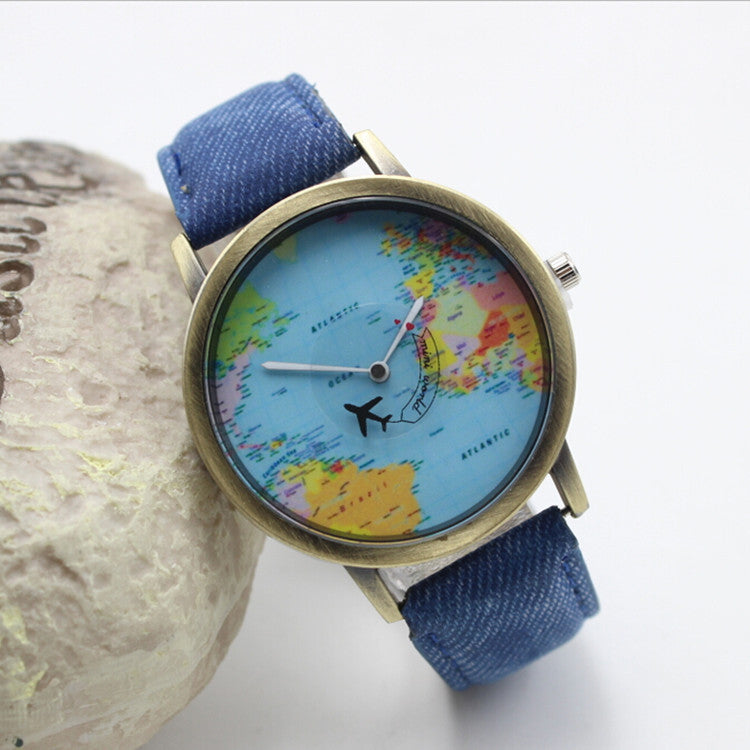 Denim Print Strap Map Plane Watch