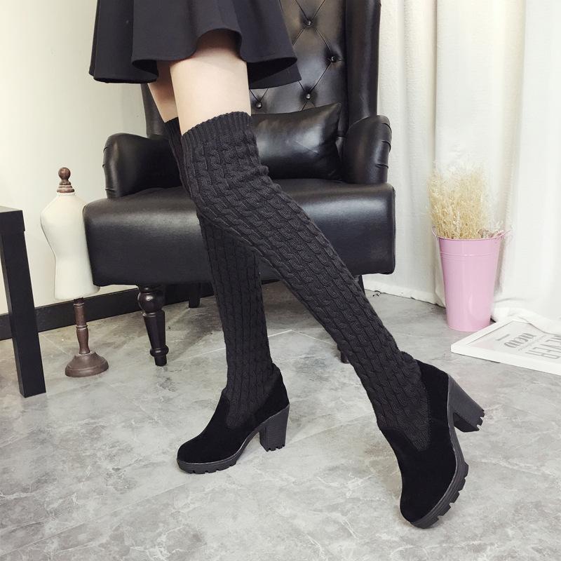 Knitwear Round Toe Low Chunky Heels Over-knee Long Boots