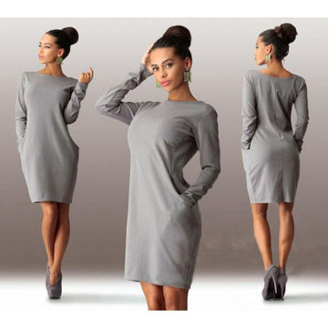 Scoop Long Sleeve Solid Pockets Loose Short Dress