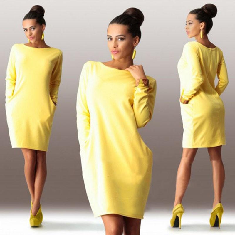 Scoop Long Sleeve Solid Pockets Loose Short Dress