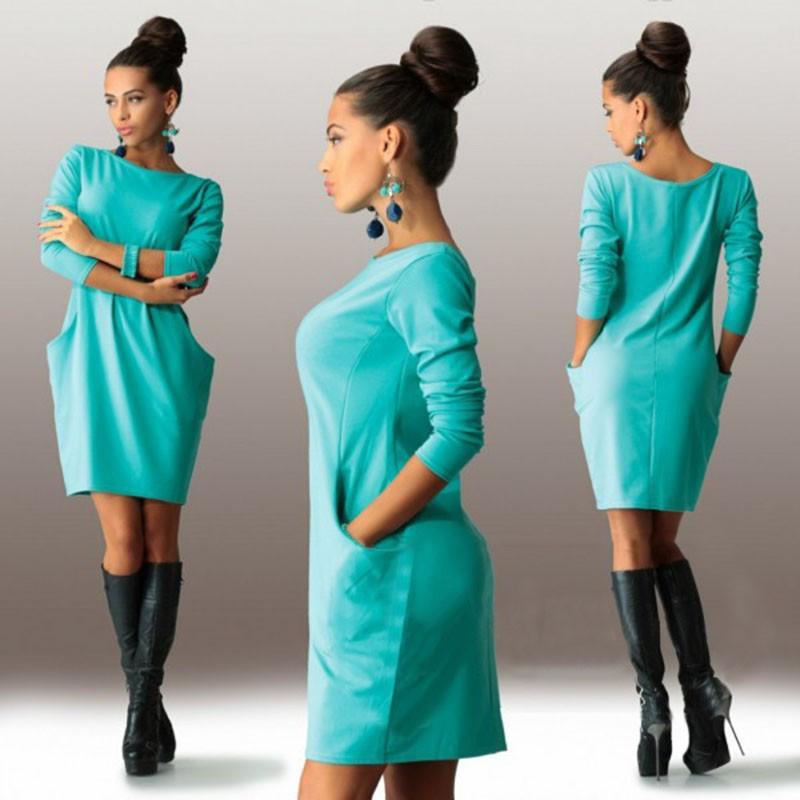 Scoop Long Sleeve Solid Pockets Loose Short Dress