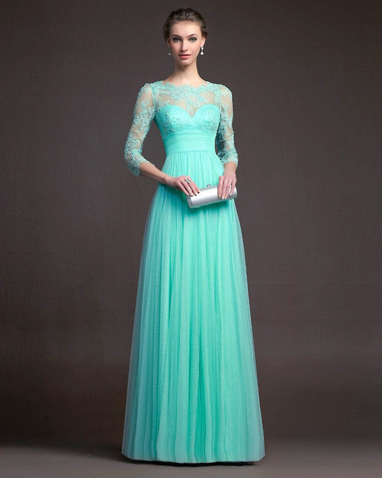 Beautiful 3/4 Sleeve Lace Pleated Long Party Dress