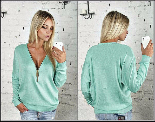 Deep V-neck Zipper Long Sleeves Casual Loose Bat-wing Sleeve Blouse - May Your Fashion - 6