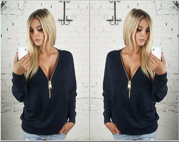 Deep V-neck Zipper Long Sleeves Casual Loose Bat-wing Sleeve Blouse - May Your Fashion - 2