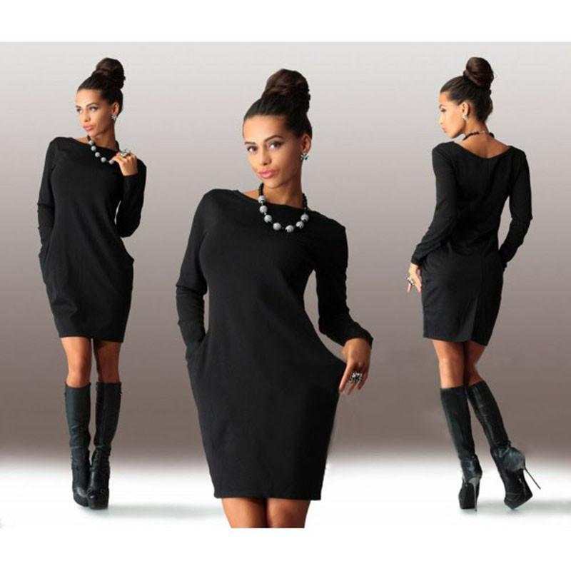 Scoop Long Sleeve Solid Pockets Loose Short Dress