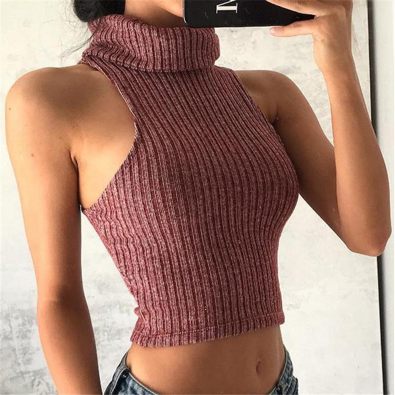 High Neck Pure Color Knit Sleeveless Short Crop Top