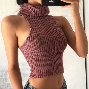 High Neck Pure Color Knit Sleeveless Short Crop Top