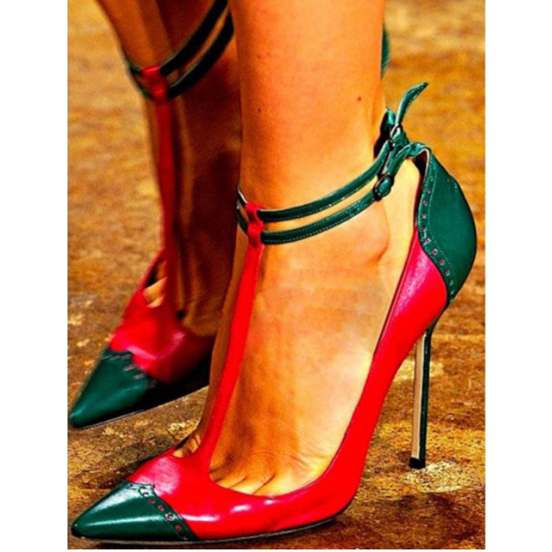 Color Block Leather Pointed Toe Strap High Heels