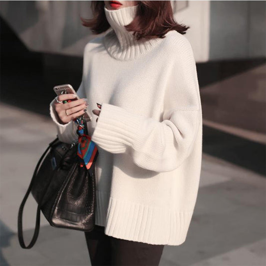 Solid Color Loose High Neck Knit Pullover Sweater