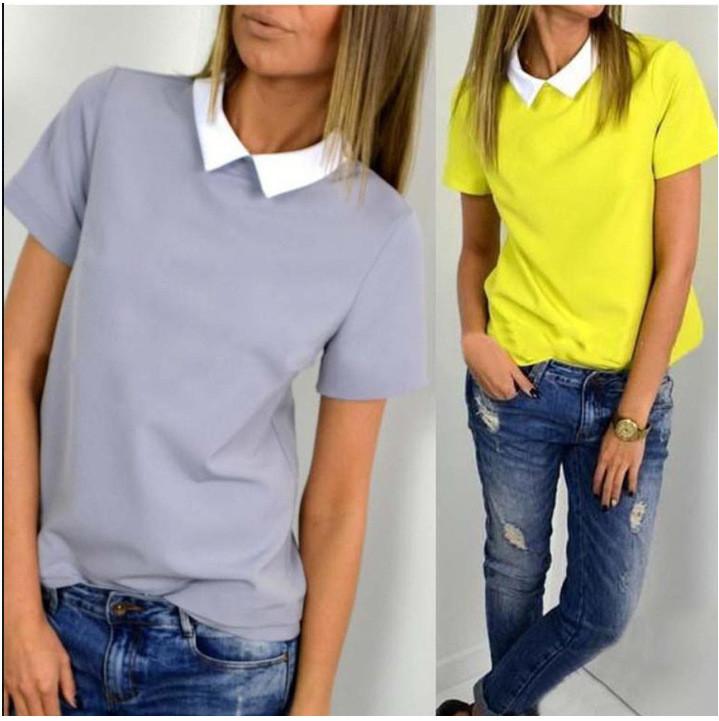 Turn-down Collar Short Sleeves Slim T-shirt - Meet Yours Fashion - 1