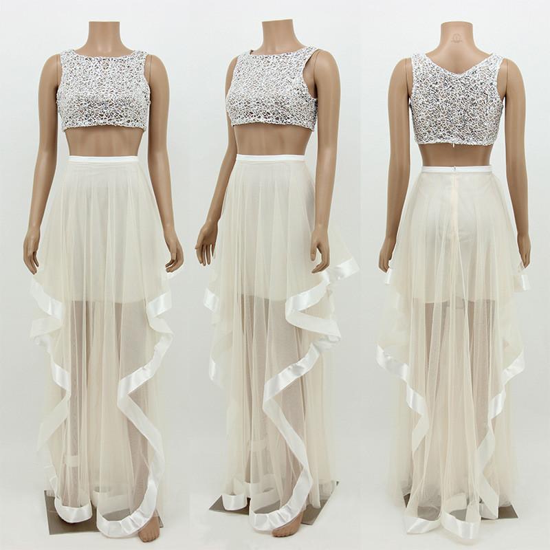 Mesh Two Piece Crop Top with Irregular Long Skirt Dress Set - Meet Yours Fashion - 4
