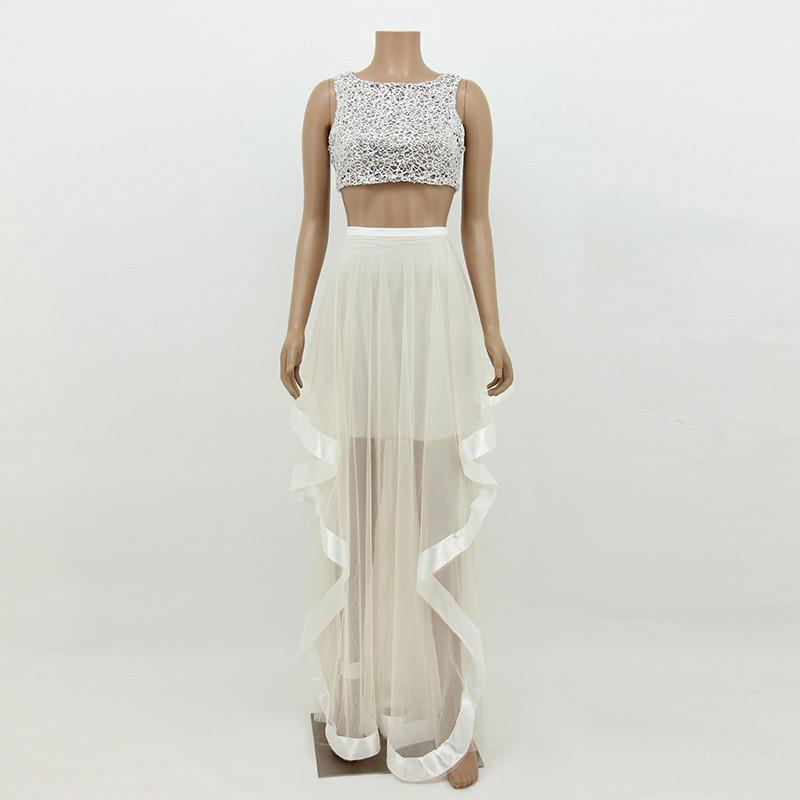 Mesh Two Piece Crop Top with Irregular Long Skirt Dress Set - Meet Yours Fashion - 2