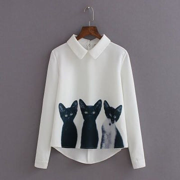 Three Cats Flower Print Turn-down Collar Pullover Blouse - May Your Fashion - 2