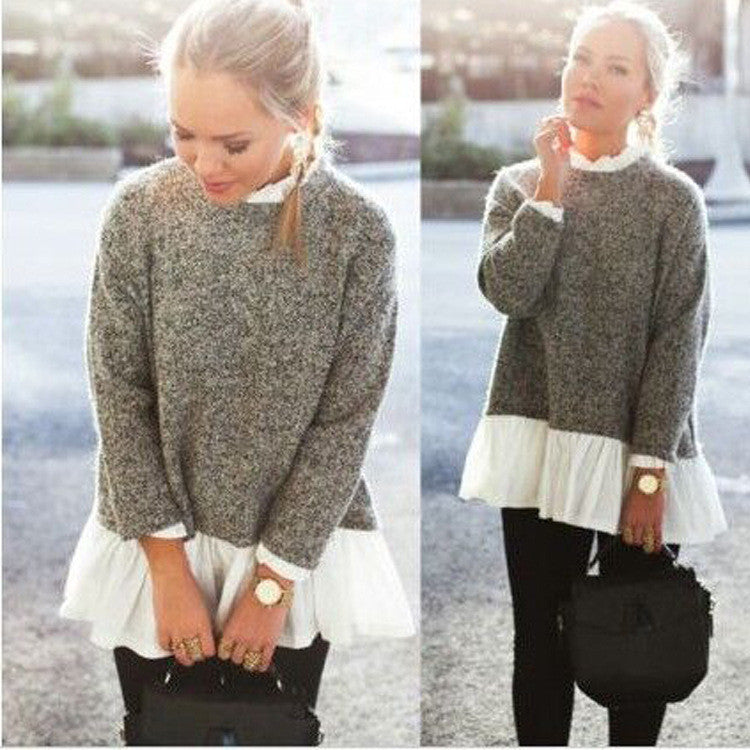Collar Splicing Solid Color Knit Lace Sweater - May Your Fashion - 2