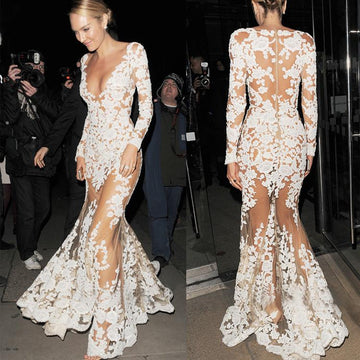 Pure Color Deep V-neck Transparent Lace Mermaid Long Dress