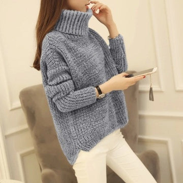 High Neck Knitting Irregular Hem Sweater