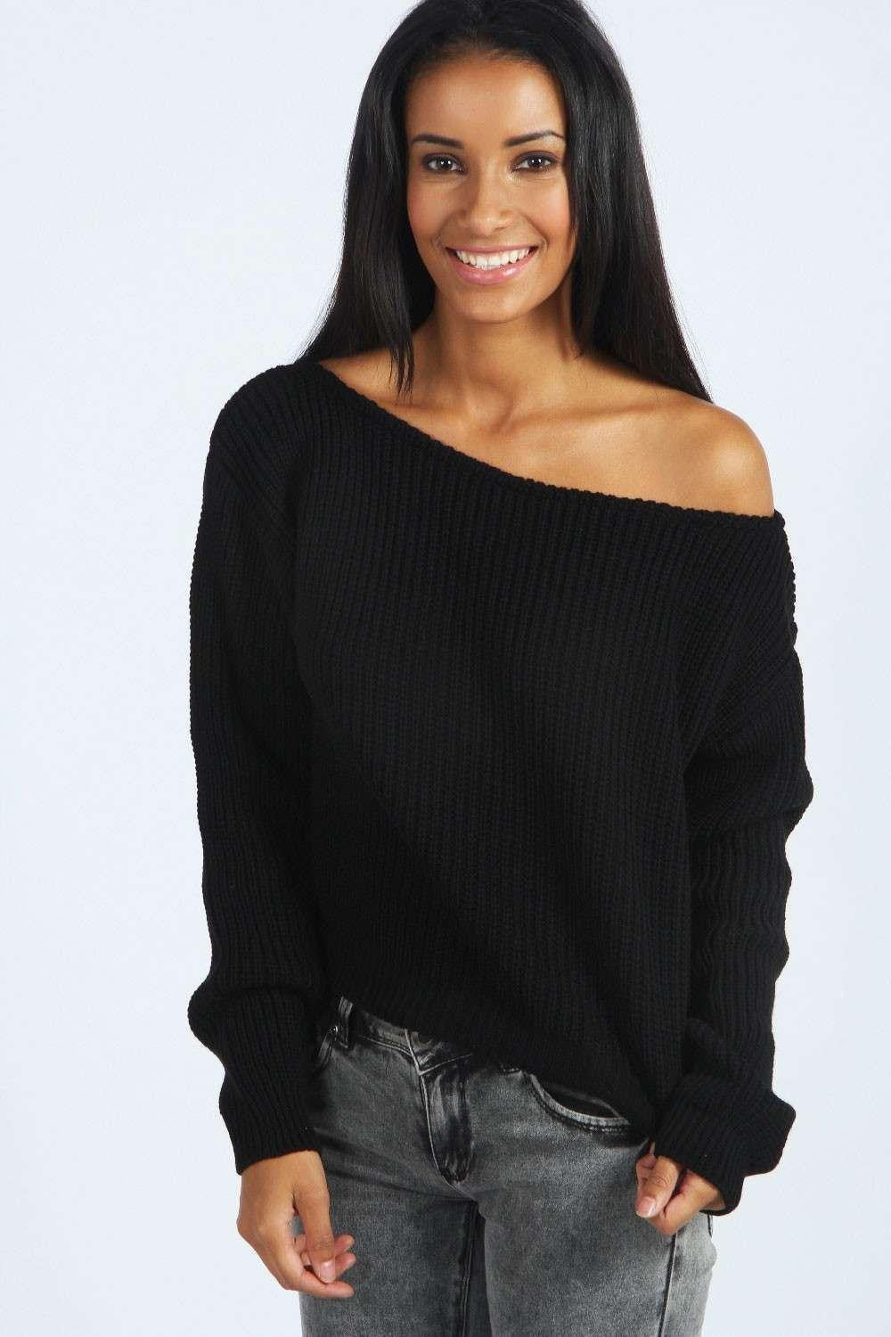 Off Shoulder Pullover Knit Loose Pure Color Sweater - May Your Fashion - 1