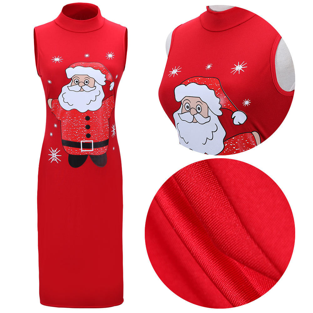 Sexy Print Christmas Bodycon Sleeveless Short Dress