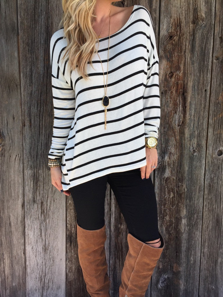 Striped Long Sleeves Scoop Casual Long Blouse