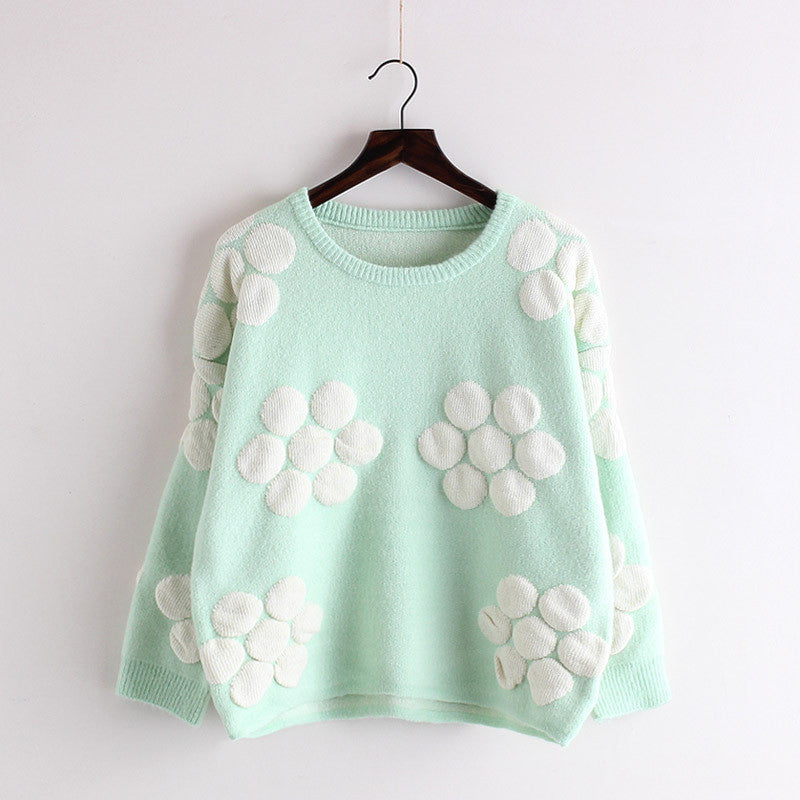 Cute Flower Pullover Loose Contrast Color Scoop Sweater 